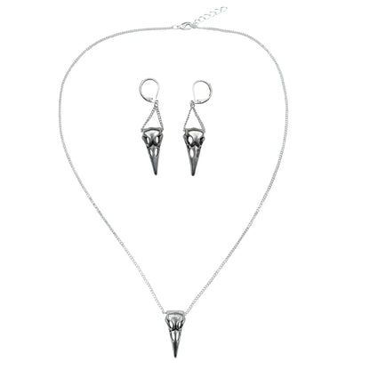 Silver Raven Skull Charm Necklace Chain and Earring Set