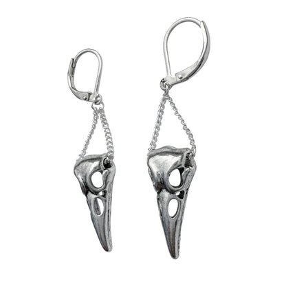 Silver Hanging Raven Skull Leverback Earrings