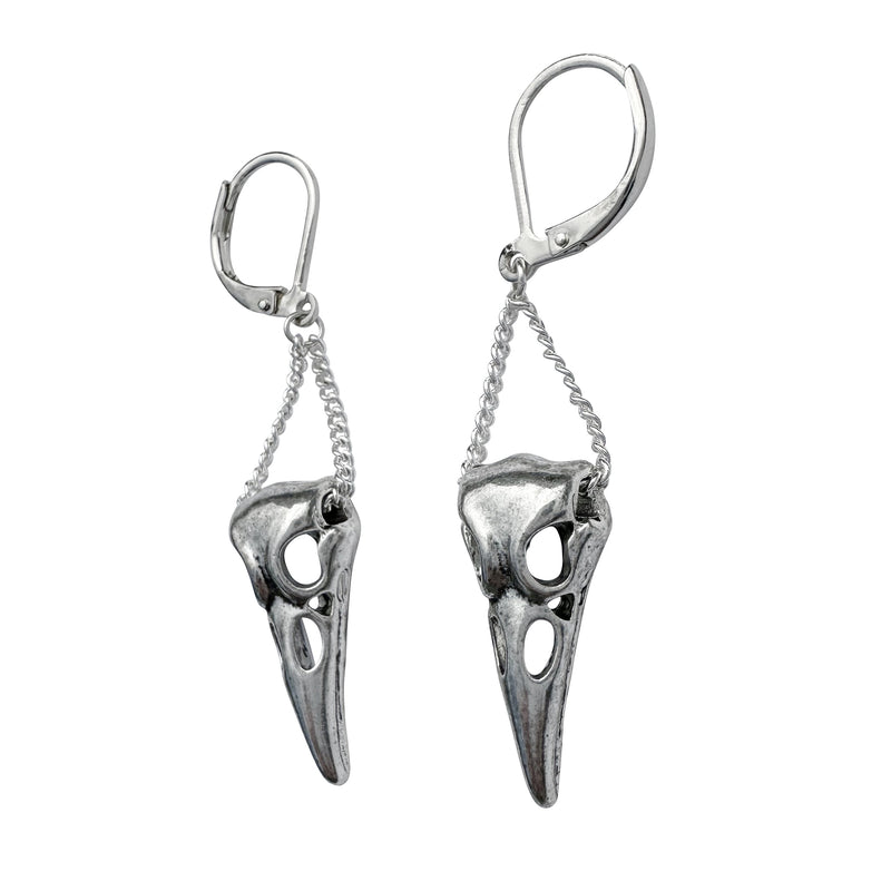Silver Hanging Raven Skull Leverback Earrings