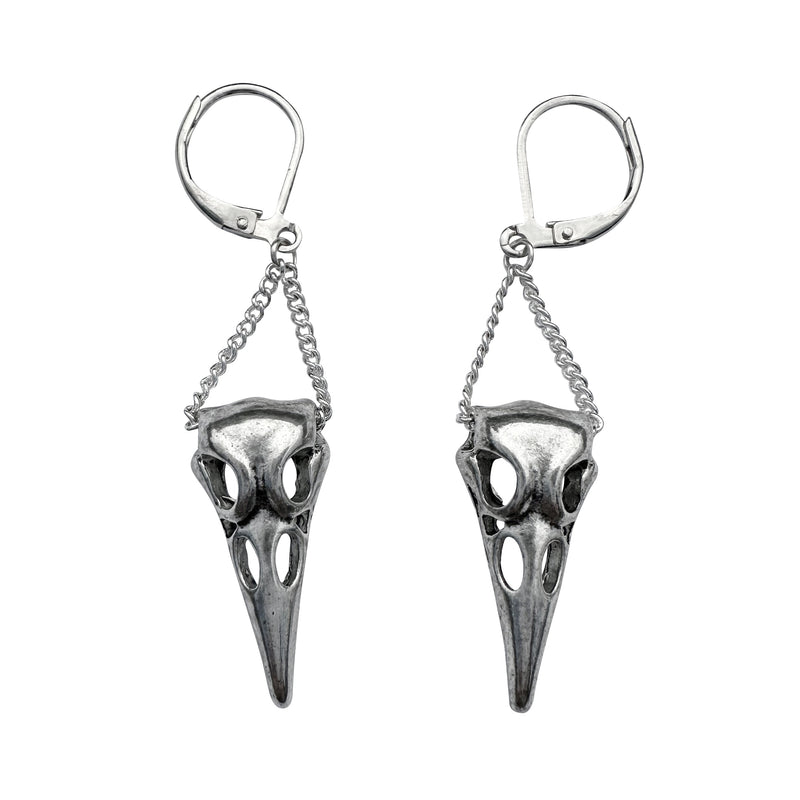 Silver Raven Skull Charm Necklace Chain and Earring Set