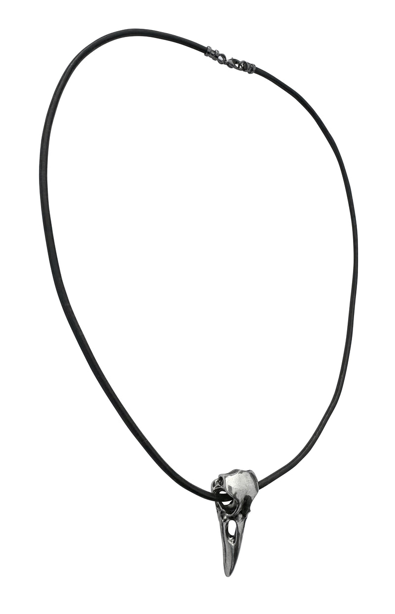 Large Silver Raven Skull on Thick Black Leather Necklace Cord - 22 Inches