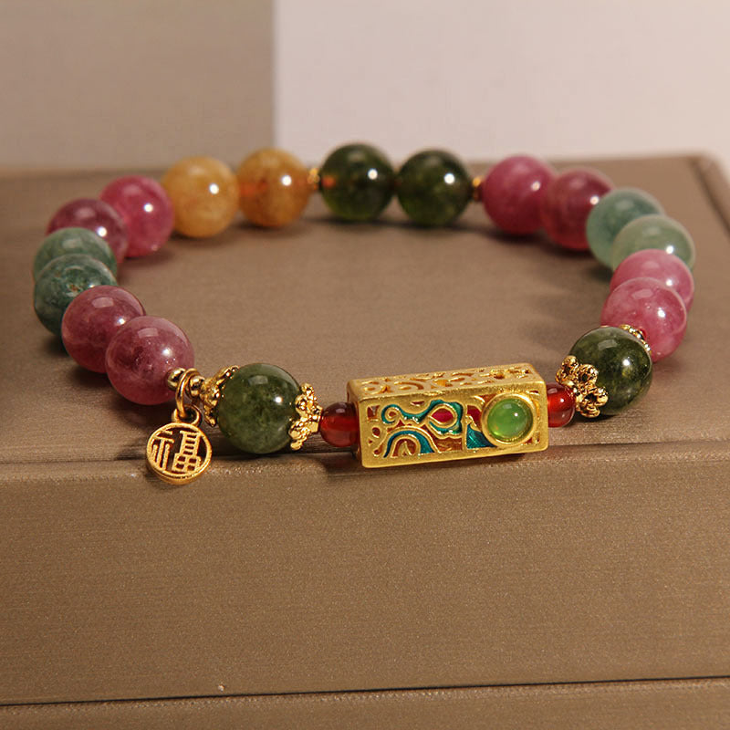 Tourmaline Bracelet With Positive Fu Charm for Happiness