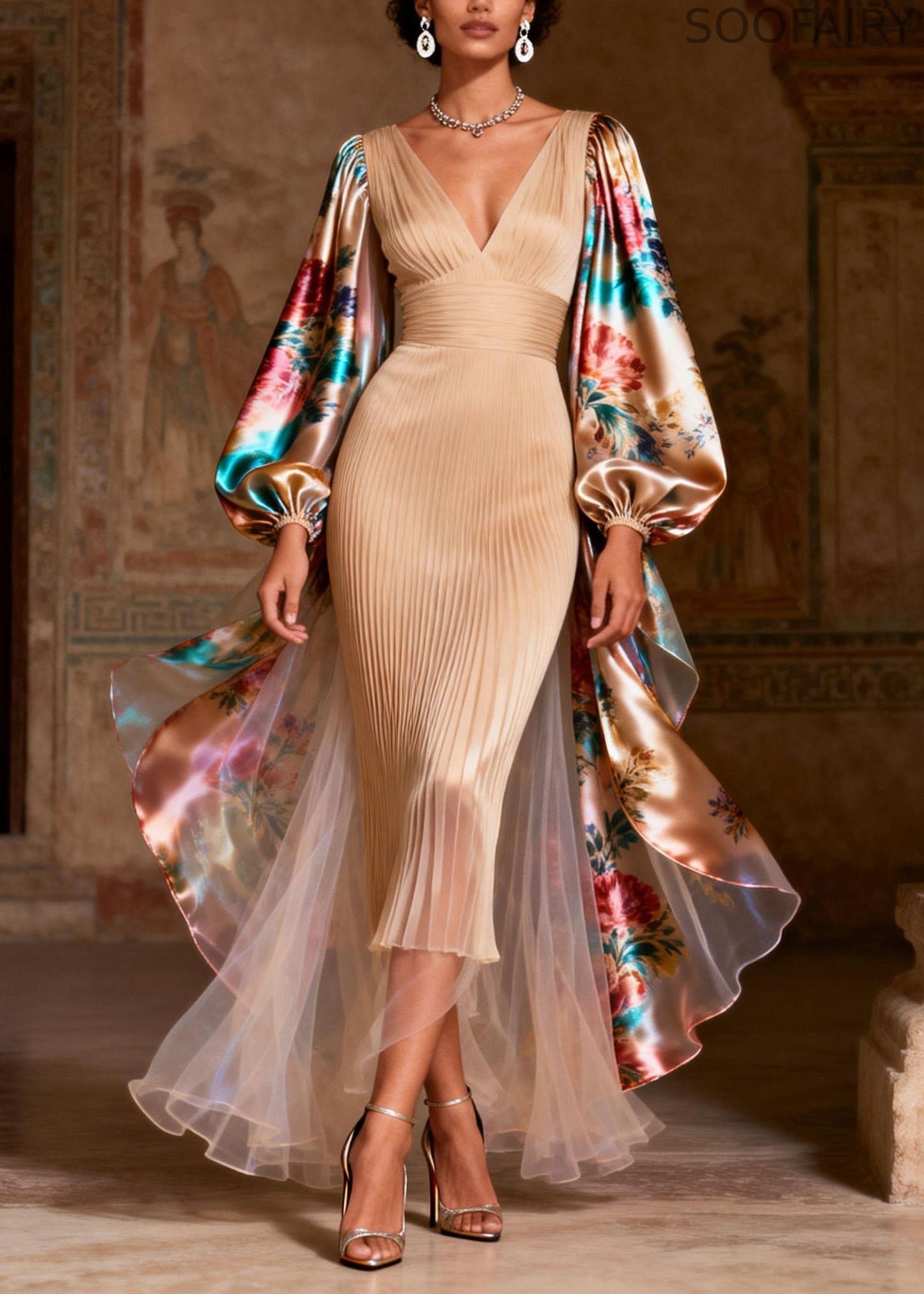 V Neck Print Patchwork Silk Long Dress Spring