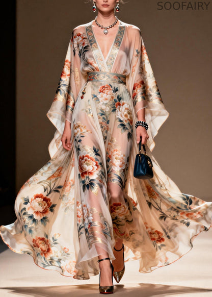 V Neck Print Chiffon Long Dresses Spring