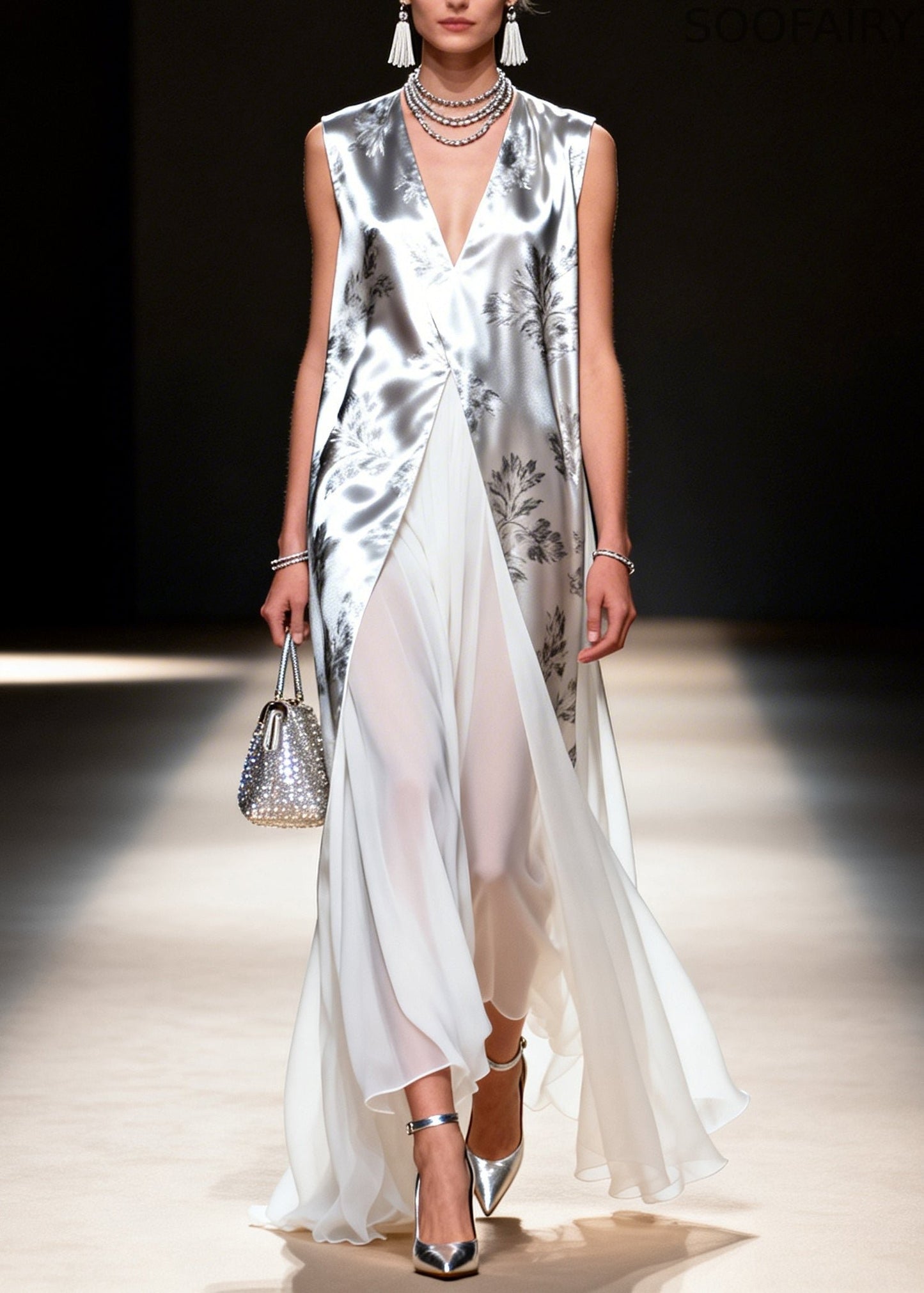 Silvery Print Patchwork Chiffon Fake Two Piece Dress Sleeveless