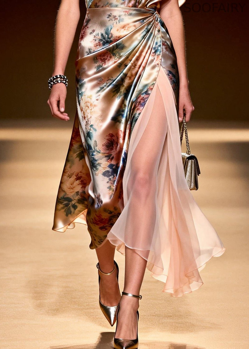Beige Asymmetrical Patchwork Chiffon Ankle Dress Summer