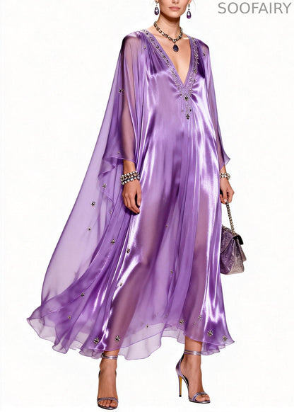 Italian Purple V Neck Zircon Patchwork Chiffon Dresses Summer