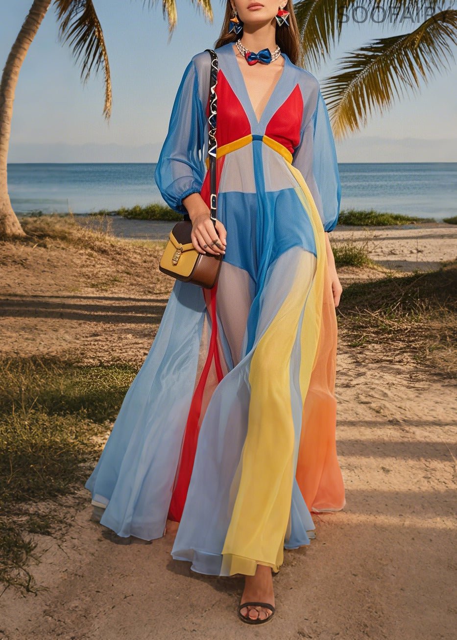 Blue V Neck Patchwork Tulle Maxi Dresses Summer