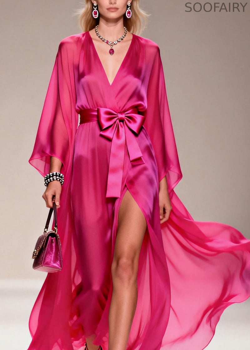 French Rose V Neck Side Open Bow Chiffon Dress Summer