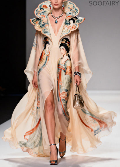 Original Design Apricot Peter Pan Collar Print Chiffon Maxi Dresses Summer