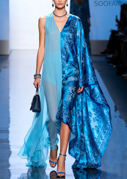 Boutique Blue Asymmetrical Patchwork Exra Large Hem Silk Dresses Summer
