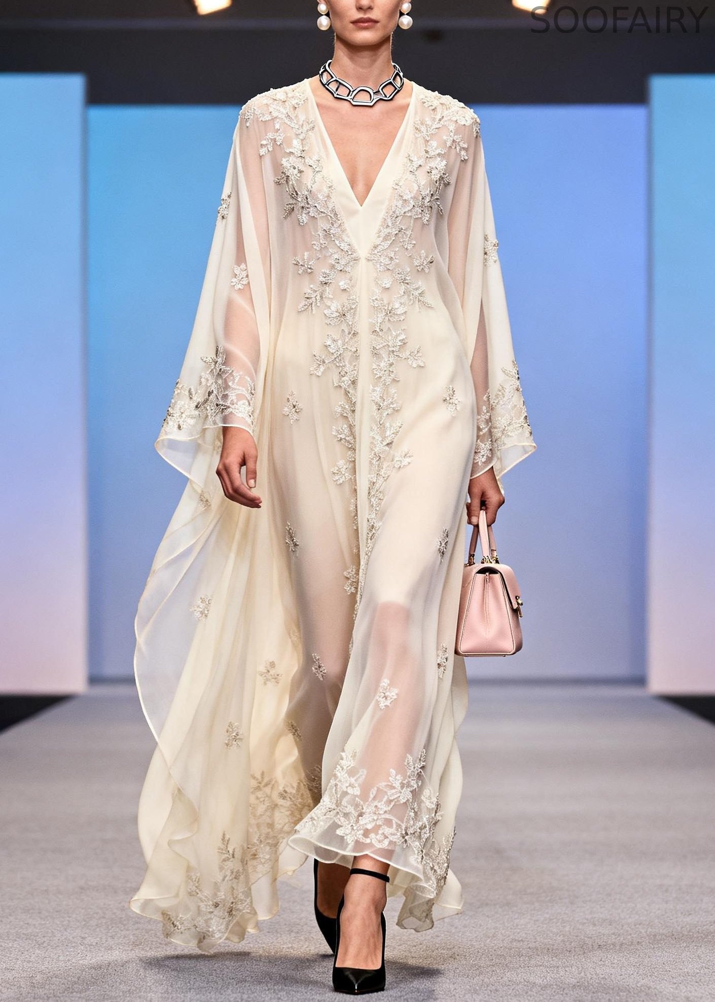 Handmade White Sequins Embroidered Chiffon Dress Spring