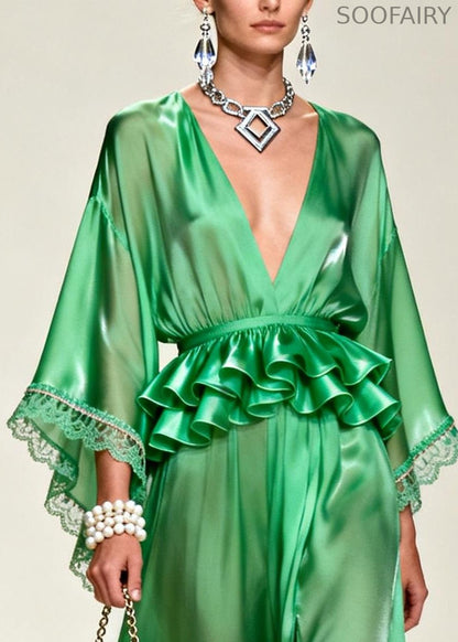 Unique Tea Green Ruffled Side Open Chiffon Party Dress Summer