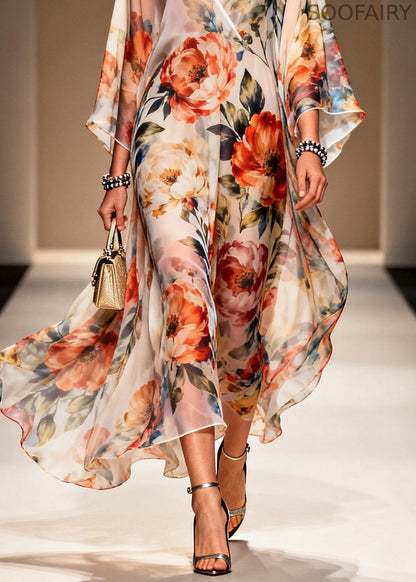 Italian V Neck Print Chiffon Long Dresses Summer