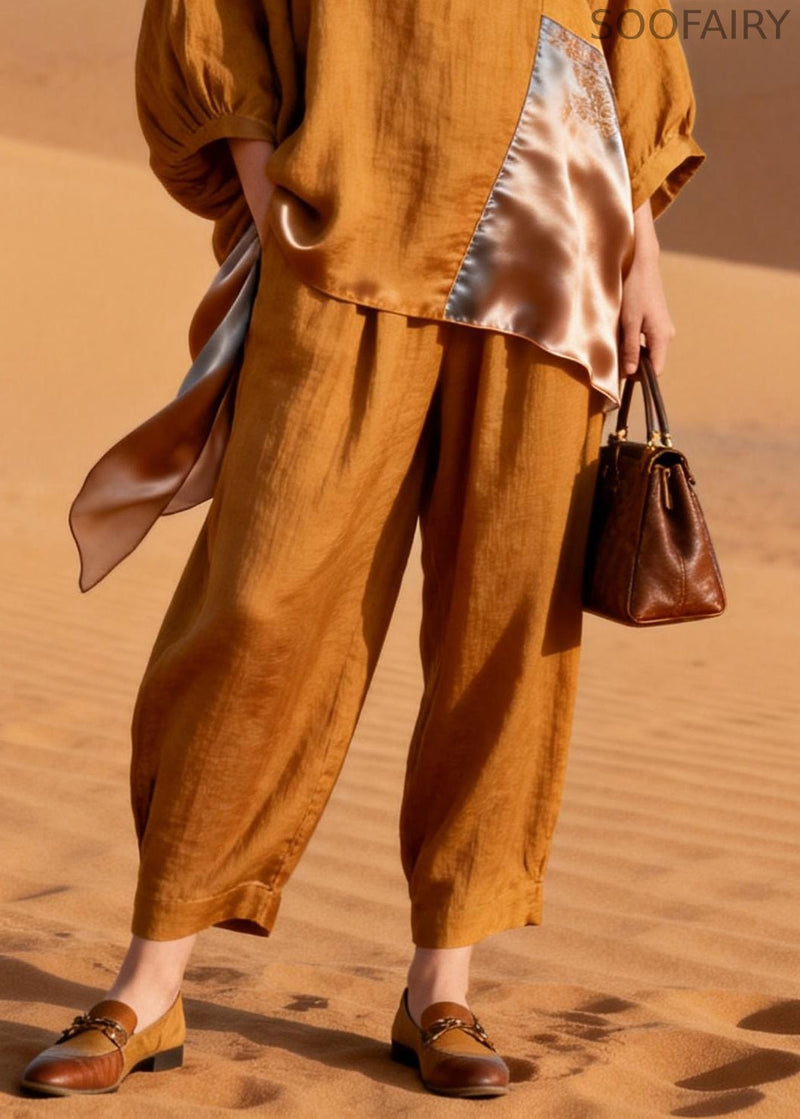 Caramel Pockets Silk Patchwork Tops and Crop Pants Linen Two-piece Set V Neck Spring