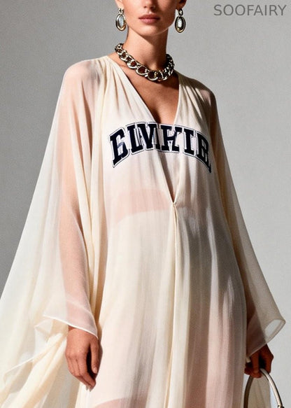 Italian White Oversized Letter Print Chiffon Vacation Dresses Summer
