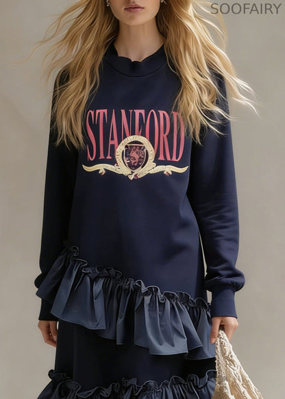 New Navy Print Ruffled Patchwork Cotton Sweatshirt Dress Spring