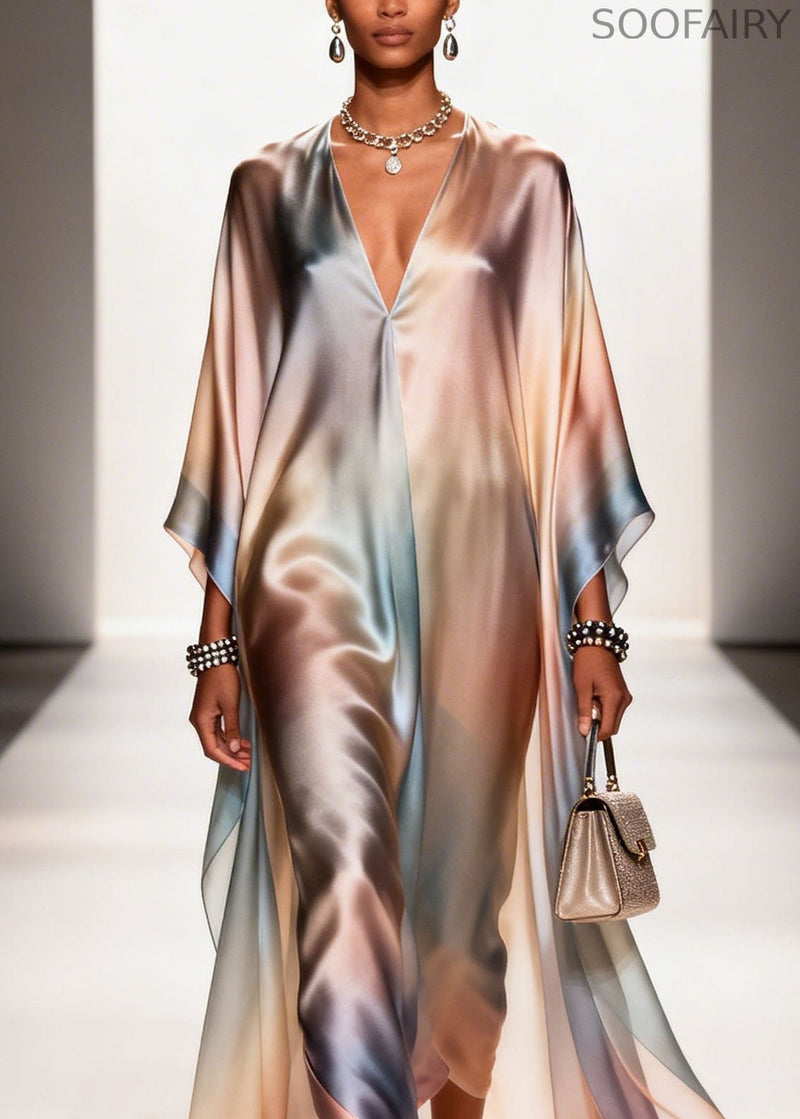 New Gradient Color V Neck Chiffon Long Dress Summer