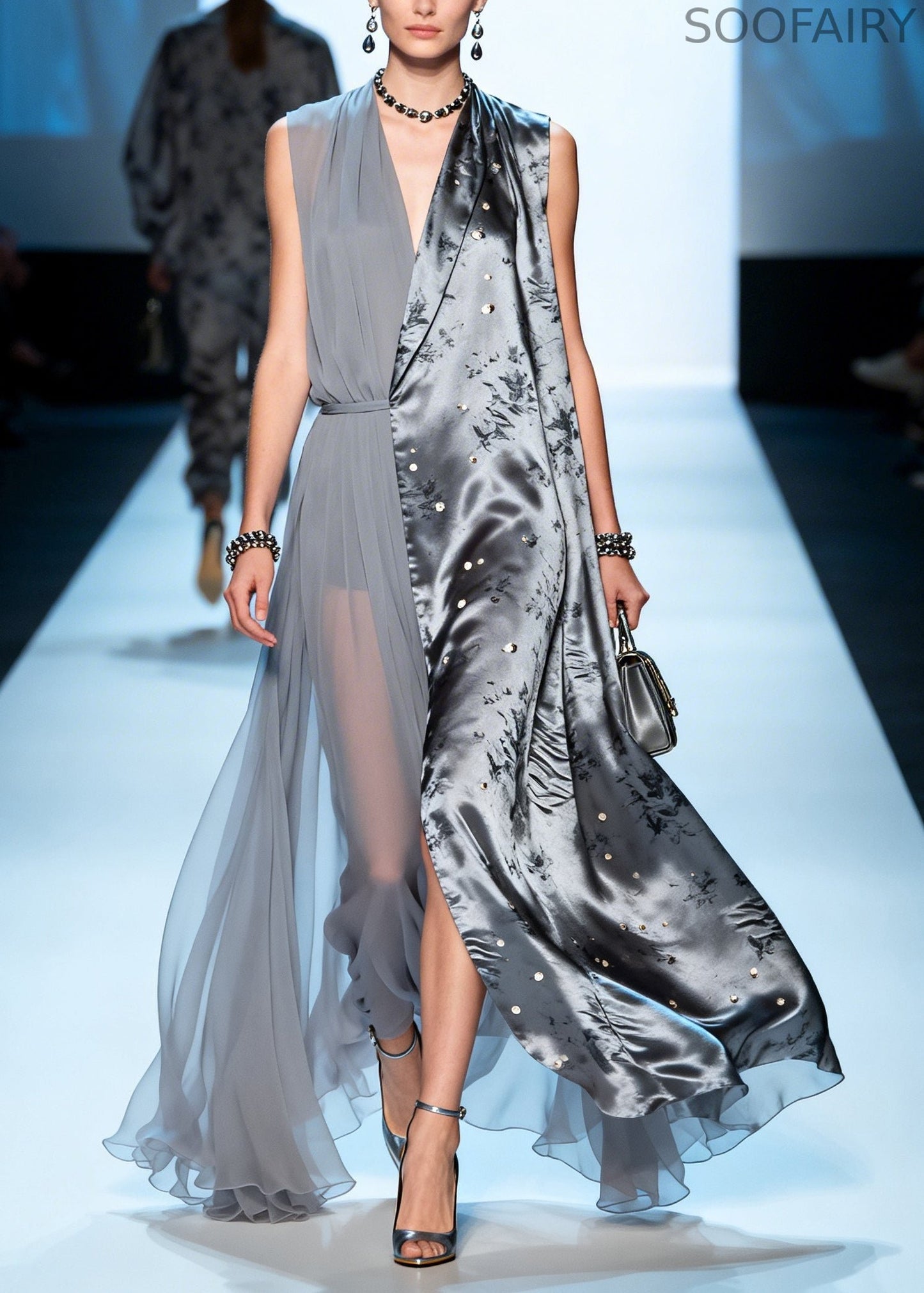 Grey Asymmetrical Patchwork Chiffon Fake Two Piece Dress Summer