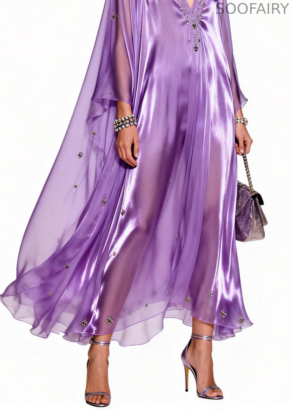 Italian Purple V Neck Zircon Patchwork Chiffon Dresses Summer
