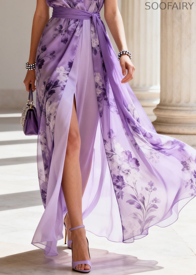 Organic Lavender Tie Waist Print Chiffon Vacation Dress Summer
