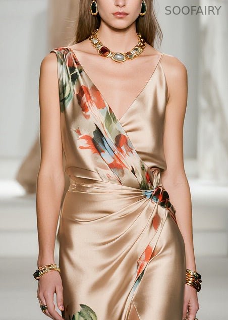 Champagne Print Side Open Silk Party Dress Summer