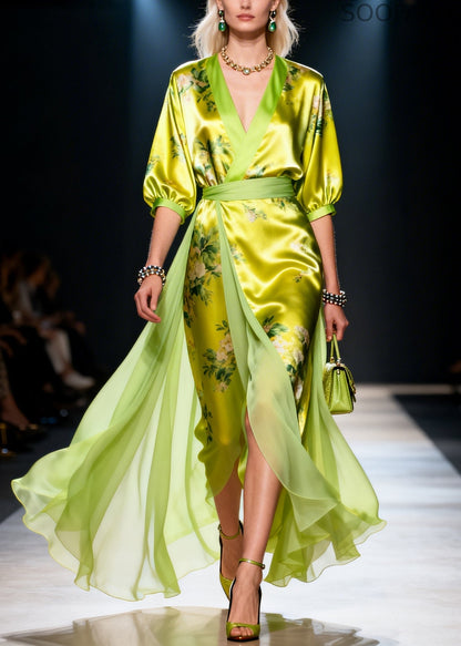Modern Green Print Patchwork Exra Large Hem Silk Dress Summer