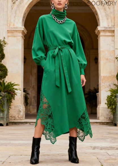 Novelty Green Turtleneck Patchwork Pockets Maxi Dresses Lantern Sleeve