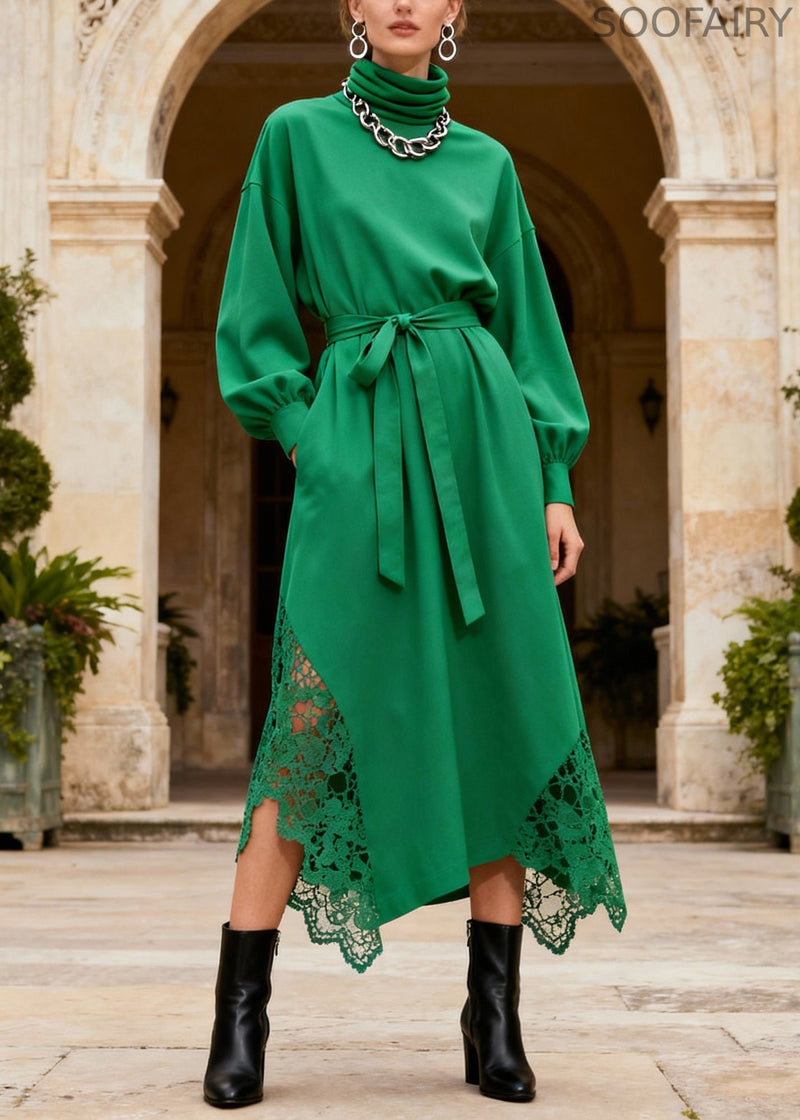 Novelty Green Turtleneck Patchwork Pockets Maxi Dresses Lantern Sleeve