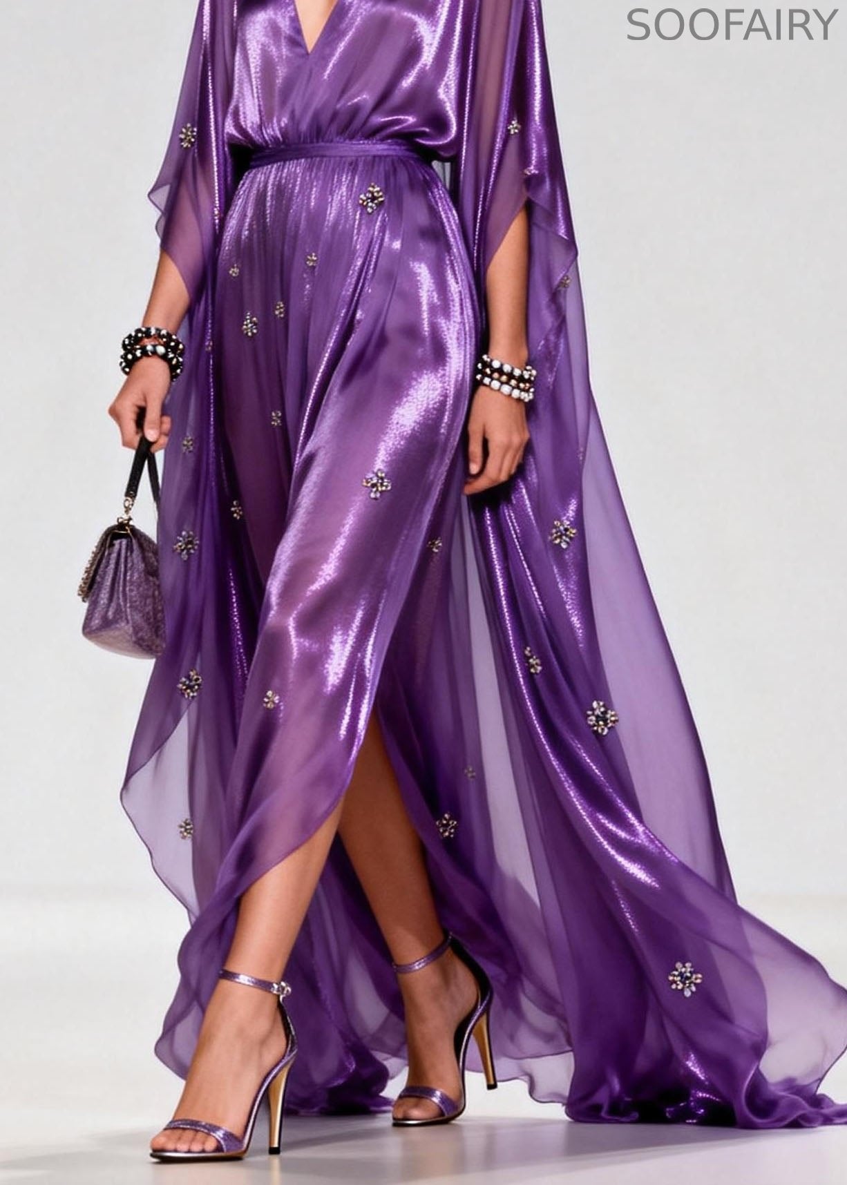 Purple V Neck Zircon Chiffon Long Dress Summer
