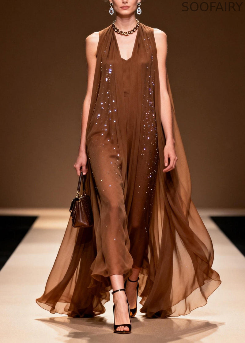 Classy Coffee V Neck Zircon Chiffon Robe Dresses Sleeveless