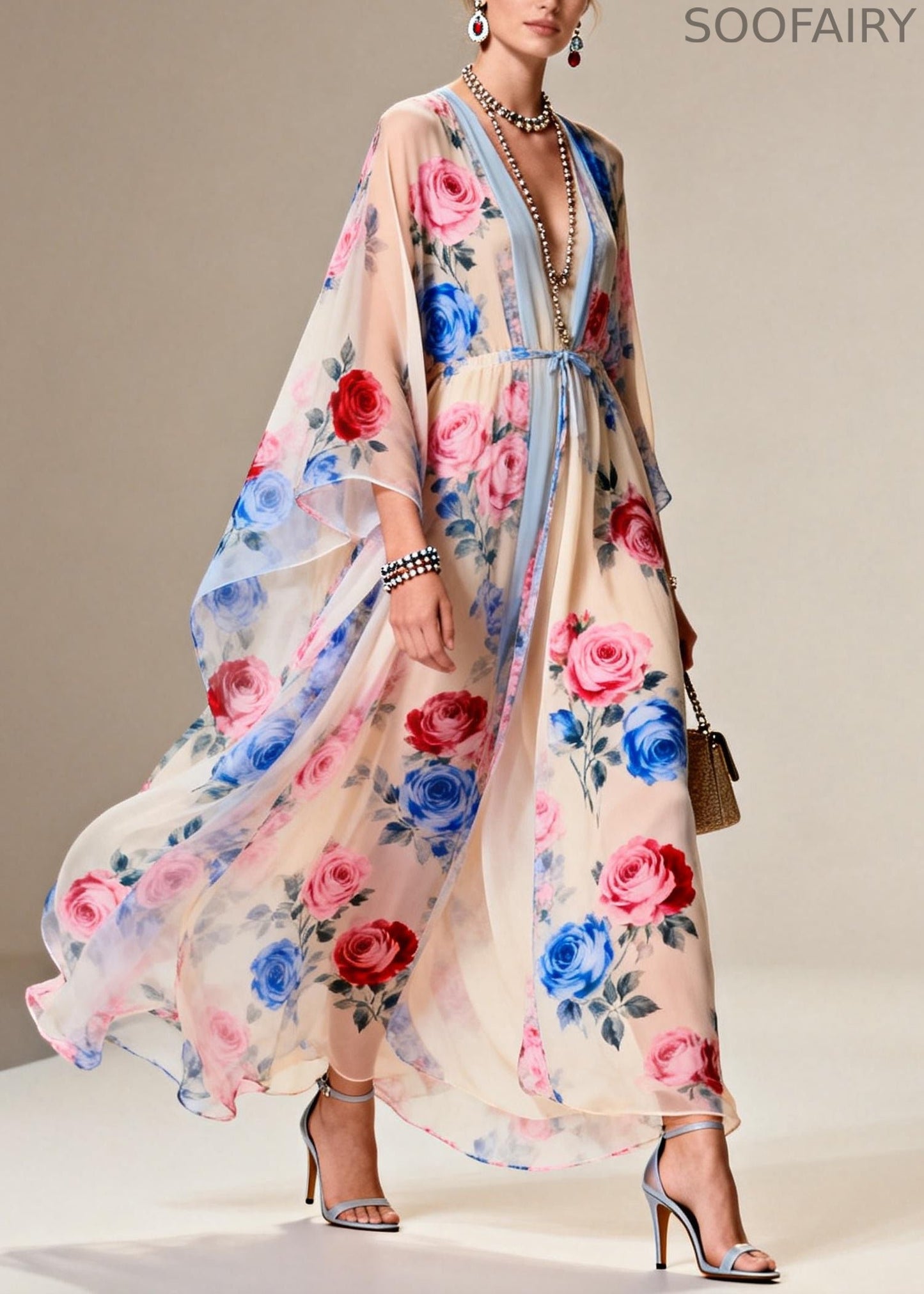 Apricot Tie Waist Print Chiffon Party Dress Summer