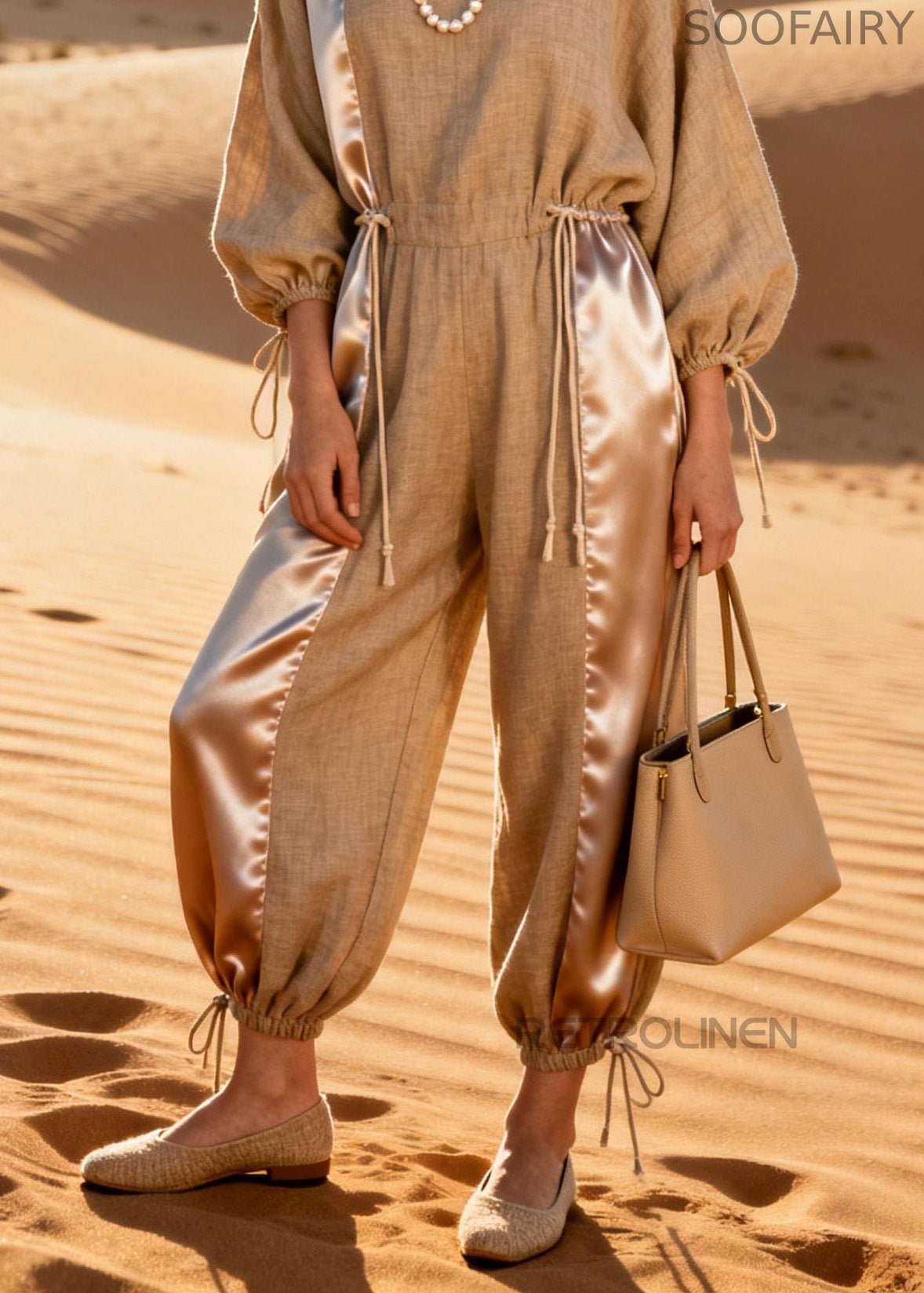 V-neck Silk Patchwork Drawstring Linen Jumpsuit Spring