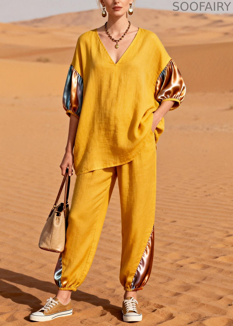 Yellow Patchwork Linen Silk Two Pieces Set Oversized Half Sleeve
