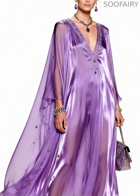 Italian Purple V Neck Zircon Patchwork Chiffon Dresses Summer