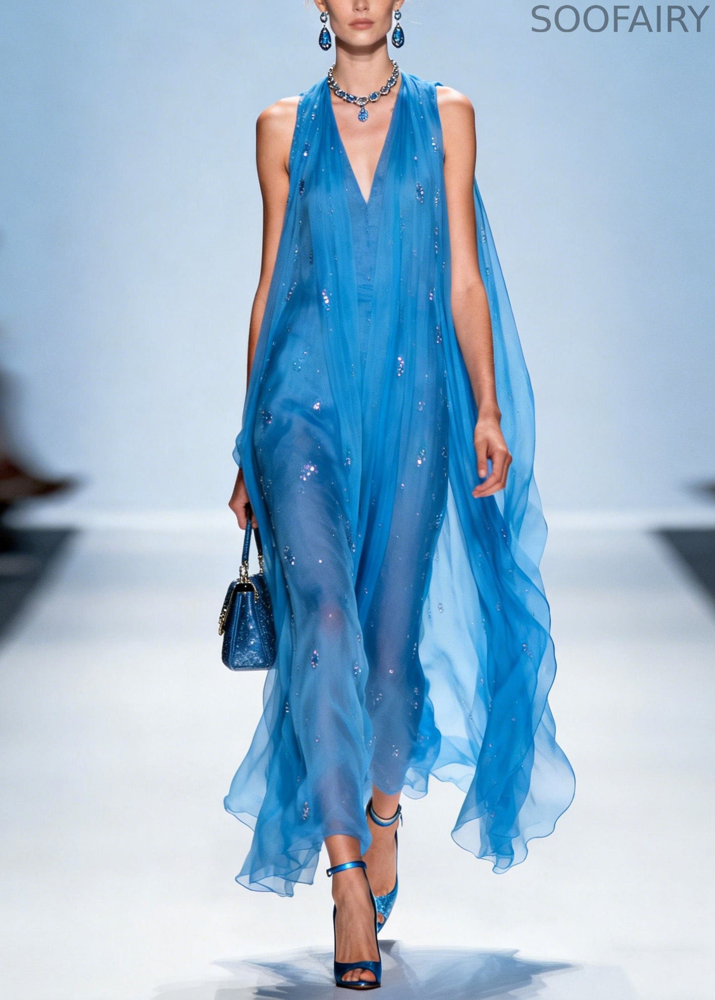 Blue V Neck Zircon Chiffon Dresses Sleeveless