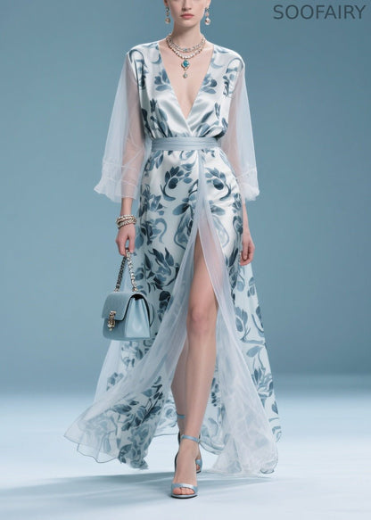 Italian Light Blue Print Patchwork Tulle Maxi Dress Summer