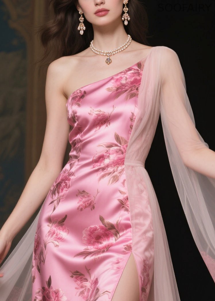 Pink One Shoulder Patchwork Print Silk Vestidos Dress Summer