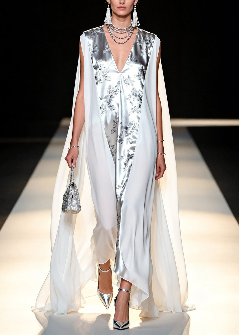 Italian White Oversized Patchwork Chiffon Maxi Dresses Sleeveless