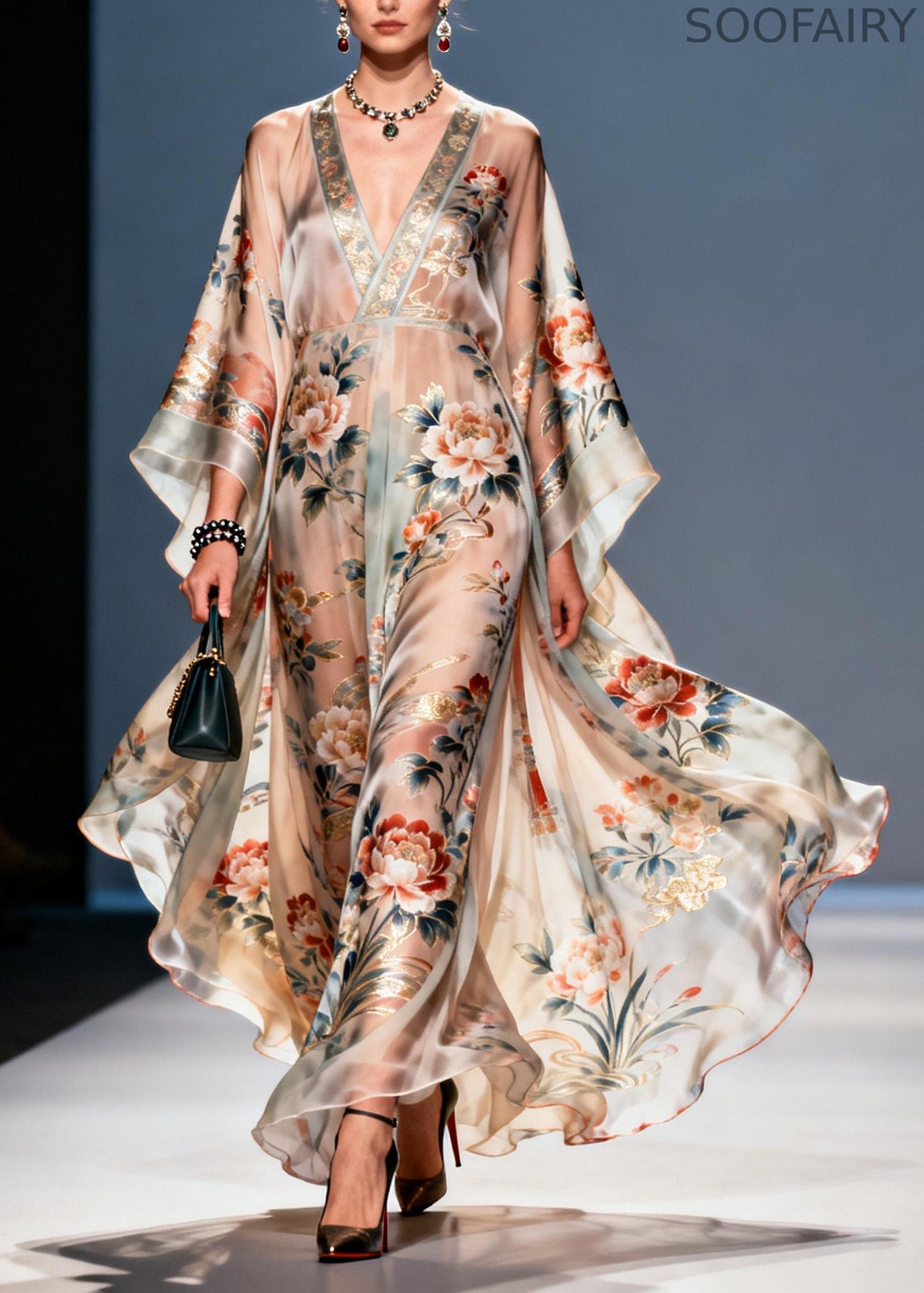 Handmade V Neck Print Chiffon Vacation Dresses Summer