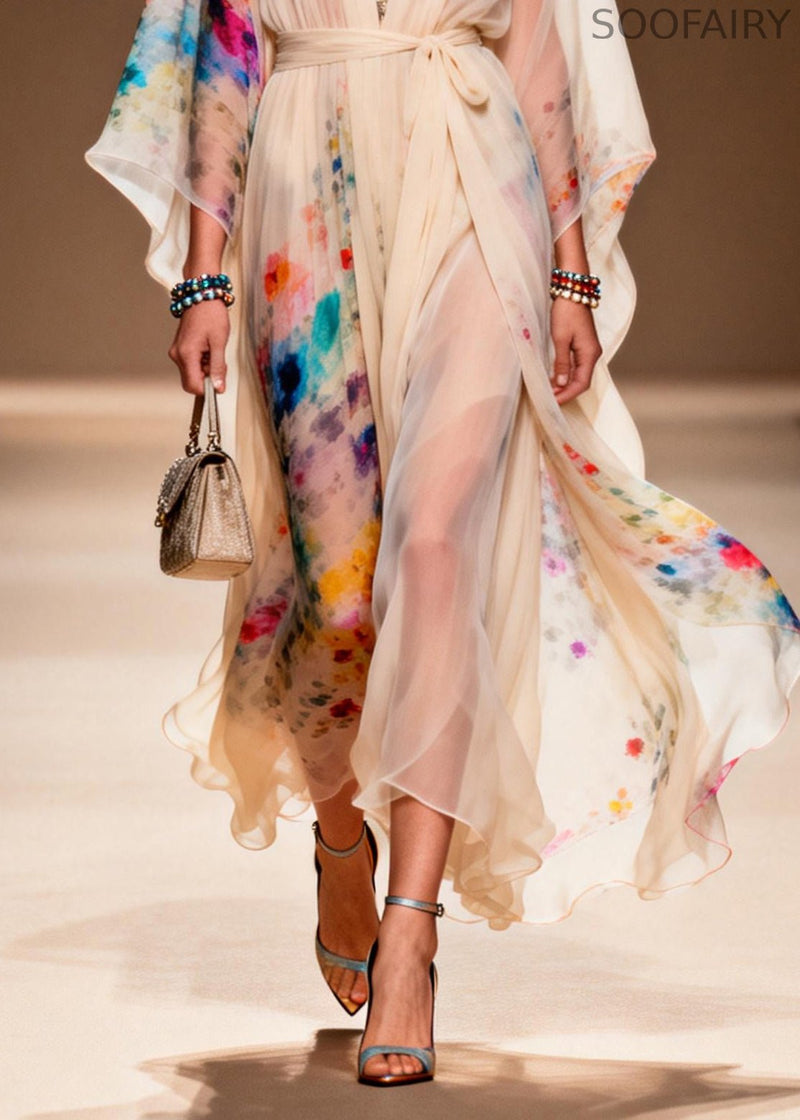 Apricot Tie Waist Print Chiffon Ankle Dress Summer