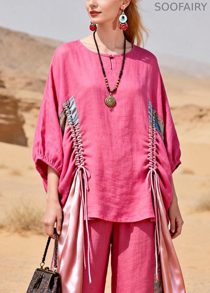 Loose Rose Asymmetrical Design Cinched Patchwork Linen Two Pieces Set Bracelet Sleeve