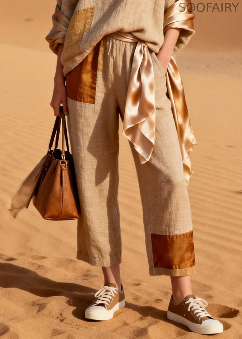 Asymmetrical Silk Patchwork T Shirt and Crop Pants Linen Two Piece Set V Neck Spring