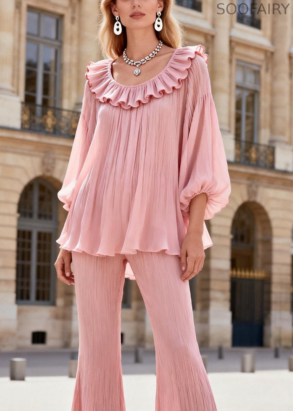 French Pink Ruffled Patchwork Chiffon Shirts and Flared Trousers Two Pieces Set Lantern Sleeve