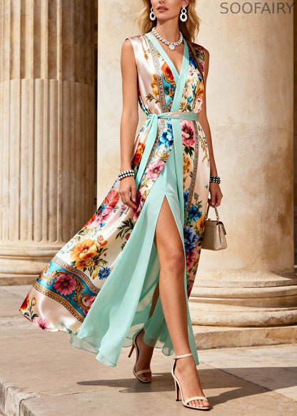 Diy Beige Tie Waist Print Chiffon Fake Two Piece Dresses Sleeveless