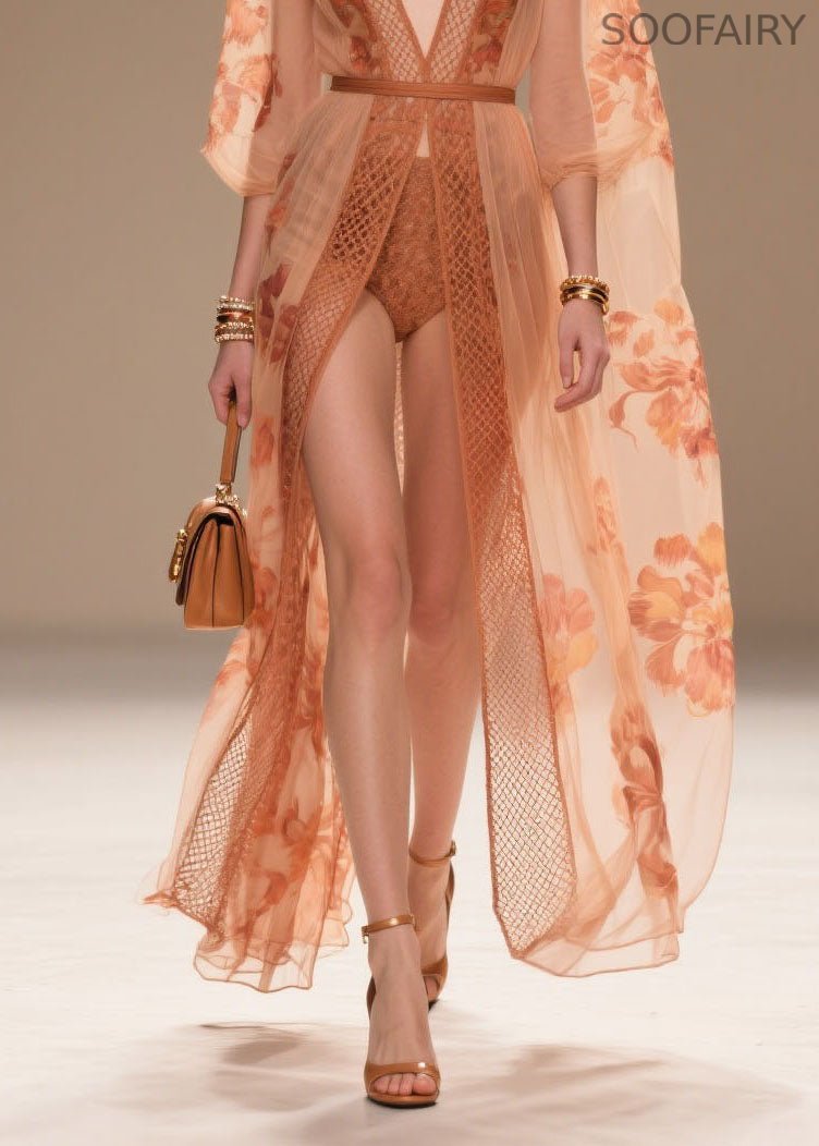 Style Orange V Neck Print Chiffon Sun Protection Cardigans Summer
