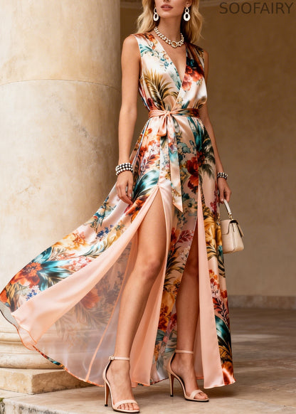 Stylish Apricot Print Side Open Chiffon Party Dress Sleeveless