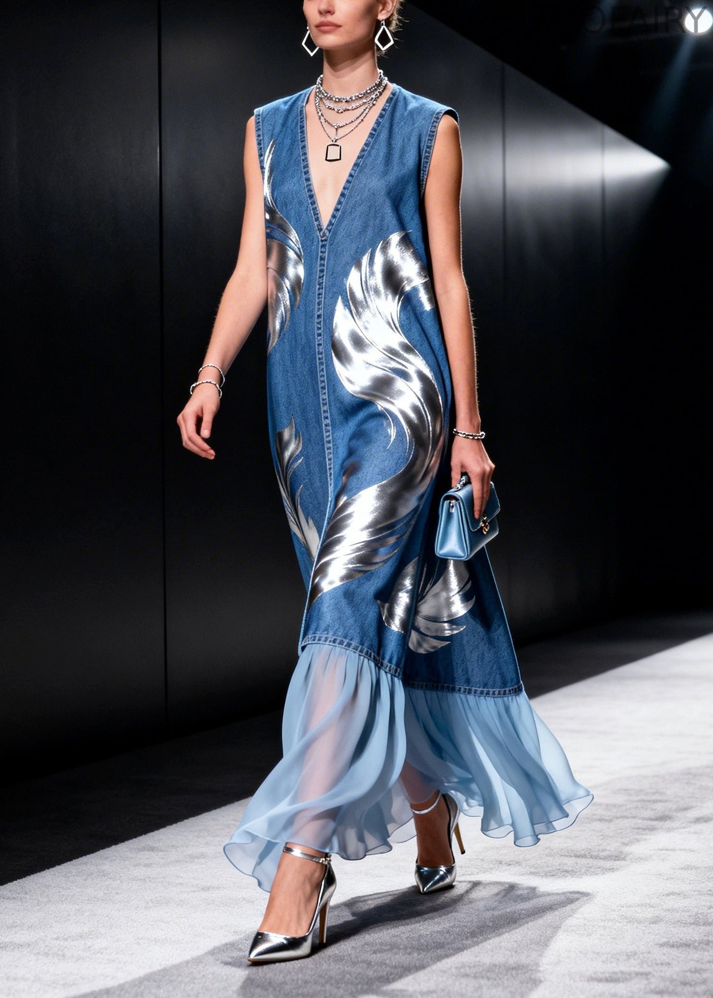 Blue V Neck Patchwork Print Denim Holiday Dresses Sleeveless