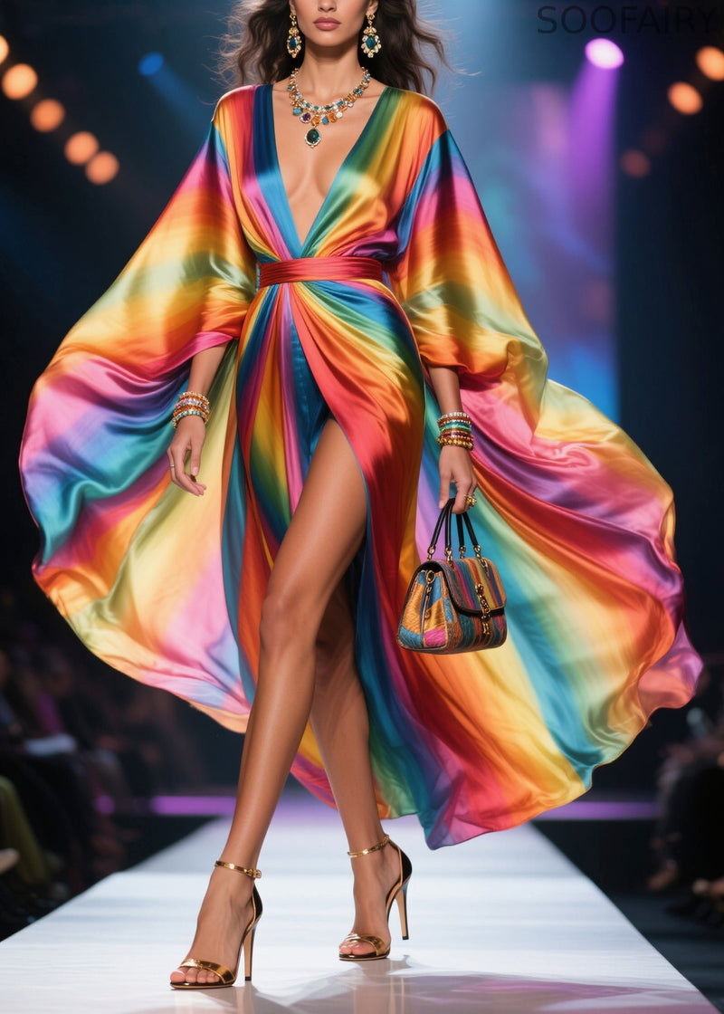 Rainbow V Neck Exra Large Hem Chiffon Holiday Dress Summer