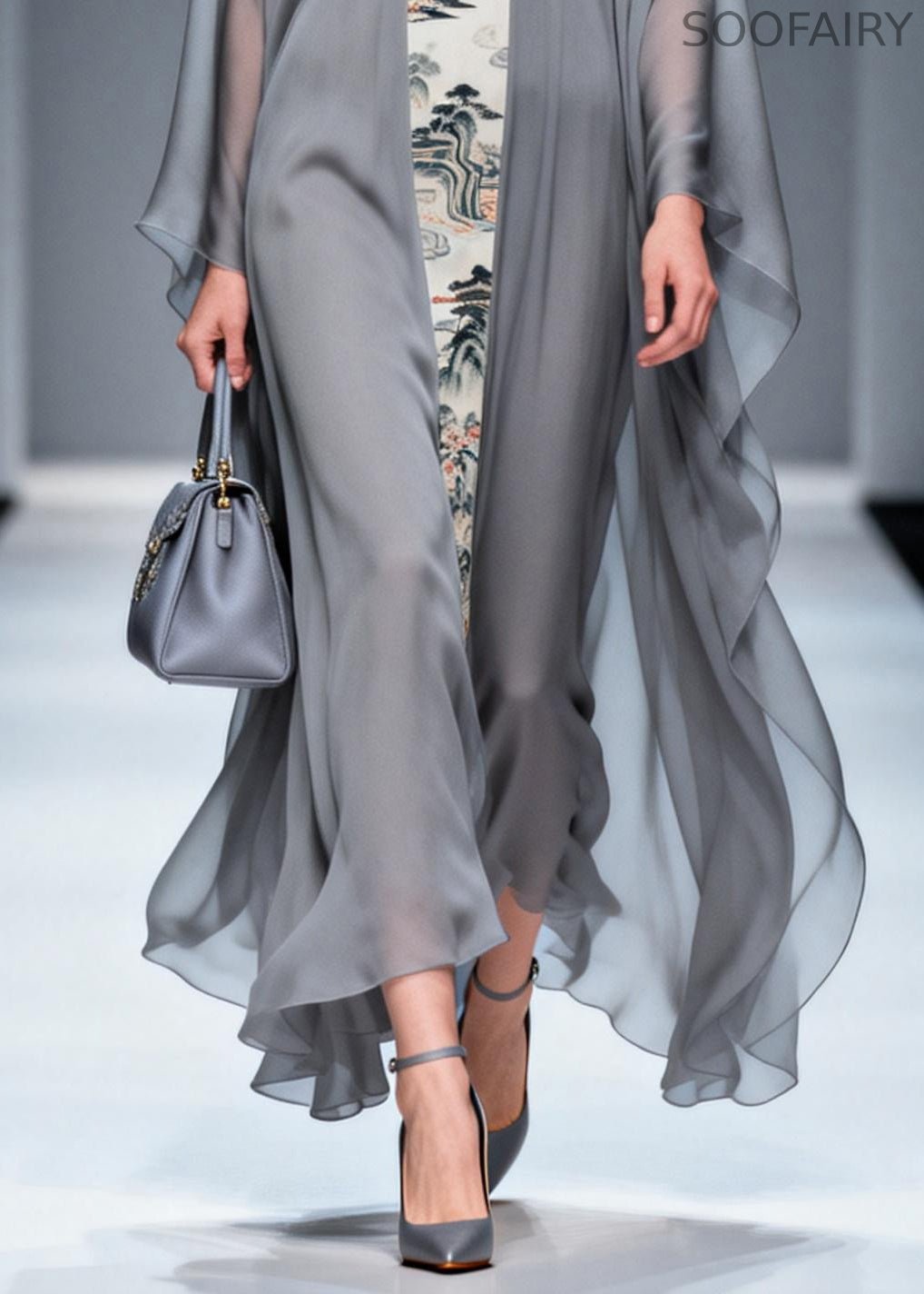 Retro Grey V Neck Patchwork Print Chiffon Maxi Dress Summer